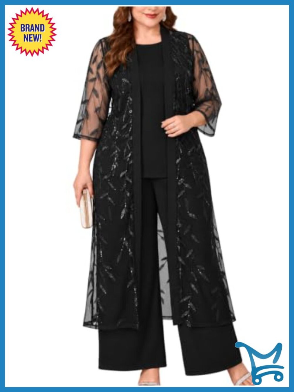 Plus Size 3 Piece Dressy Pantsuit Sheer Sequin Long Jacket Formal